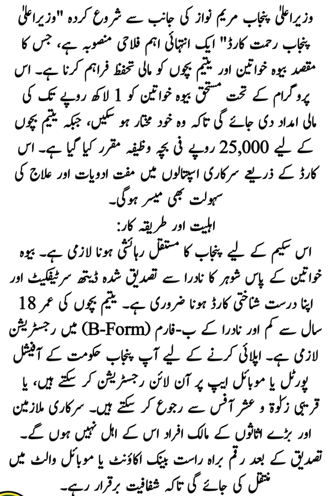 CM Punjab Rehmat Card Eligibility Criteria